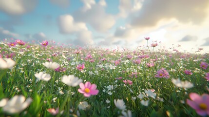 Colorful flowers bloom under a bright, cloudy sky in a serene meadow.