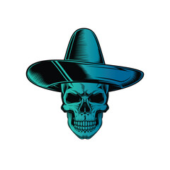 Skull in a sombrero. Dia De Los Muertos. Original vector illustration in vintage style isolated on white background. T-shirt design.