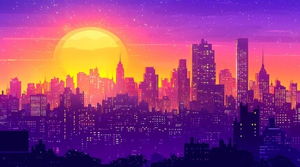 A vibrant sunset over a silhouetted city skyline in stunning colors.