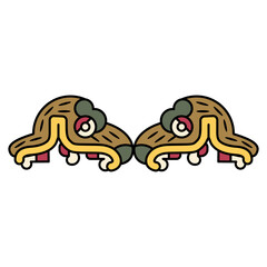 Symmetrical ethnic design with two heads of fantastic animal with open jaw. Ethnic design of Aztec Indians from Mexican codex. Isolated vector illustration.