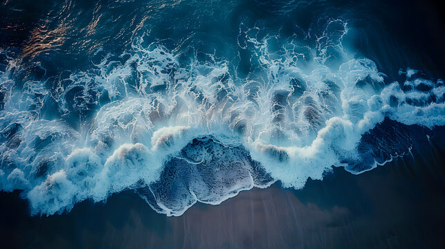 Aerial drone view or top view perspective photography of a beautiful transparent clear sea or ocean waves and foam splashing on the dark navvy blue or gray sand beach