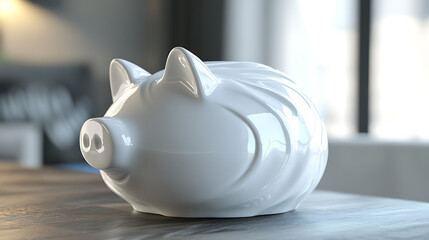 A white piggy bank sits on a wooden table in a modern home.