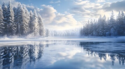 Enchanting Frozen Landscape with Mirror-Like Lake and Snow-Dusted Evergreens