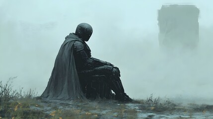 Obraz premium Solitary Mech Soldier Seated in Foggy Dystopian Wasteland,Pensive and Contemplative Digital Painting