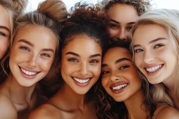 A group of diverse friends from different ethnic backgrounds, smiling and standing close together, showcases the beauty of unity and friendship across cultures on white background.