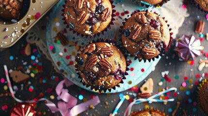 Fototapeta premium Top-View of Cranberry and Pecan Muffins on Festive Party Table with Colorful Accessories