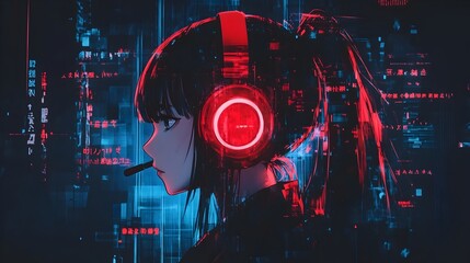 Fototapeta premium Anime Girl in Headphones Surrounded by Glitch Typography and Neon Lights