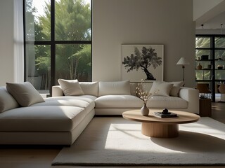 Fototapeta premium This image showcases a modern, minimalist living room with a clean and elegant design. The layout features a large, white sectional sofa adorned with matching white cushions