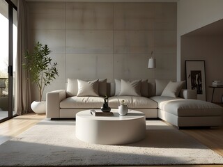 Fototapeta premium This image showcases a modern, minimalist living room with a clean and elegant design. The layout features a large, white sectional sofa adorned with matching white cushions