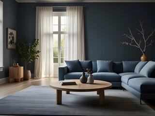 Fototapeta premium This image showcases a modern, minimalist living room with a clean and elegant design. The layout features a large, blue sectional sofa adorned with matching blue cushions