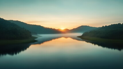 Fototapeta premium Serene sunrise over a tranquil lake surrounded by misty hills. A perfect moment captured in nature's beauty and peaceful reflection.