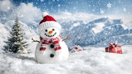 Fototapeta premium Cute Christmas snowman on snow copy space. Very blurred background 