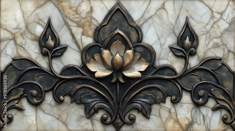 Wall mural Ornate gold and black floral design on a white marble background.