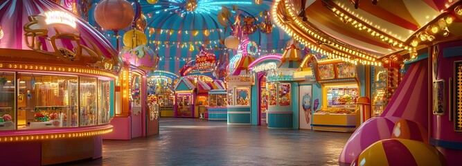 81. **A vibrant carnival scene with colorful rides, game booths, and festive decorations. The backdrop includes a lively, fun-filled atmosphere and bright, cheerful lighting.