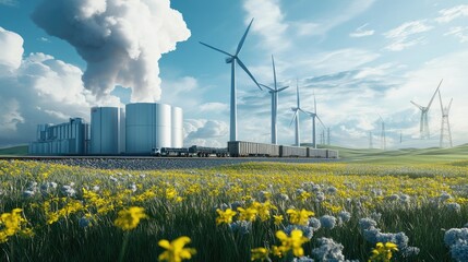 Sustainable energy windmills in an open landscape with a hydrogen production facility and a nearby railway transporting materials.
