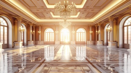 Elegant grand ballroom with a chandelier and polished marble floor, ideal for events.