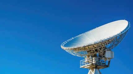 White satellite dish radar against a clear blue sky, high-tech communication equipment, outdoor view.