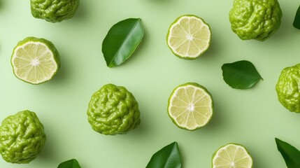 Fototapeta premium Whole and sliced bergamot on a light green background, highlighting fresh citrus textures and vibrant green skin.