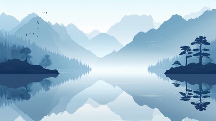 Minimalistic serene lake illustration in flat style, ideal for advertising and design.