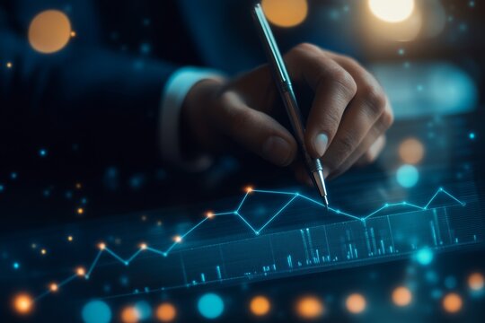 Businessman drawing a growth graph with a digital screen and financial data, a Business people concept on a blue background.