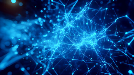 Fototapeta premium Abstract holographic plexus shapes in blue, suspended in a virtual environment, connected by neon blue