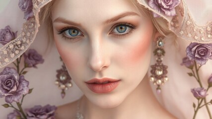 Naklejka premium Portrait of a young woman adorned with floral jewelry and delicate earrings, gazing directly at the viewer with striking blue eyes