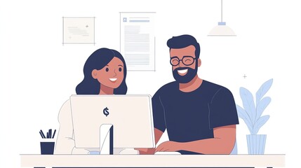 Woman helping a man on the computer they are happy in a clean well lit office, illustration 2d style