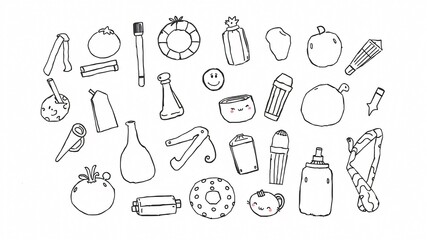 Various hand-drawn objects including fruits, utensils, and tools arranged in a playful pattern on a white background