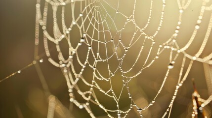 Dew-Covered Spider Web in Sunlight