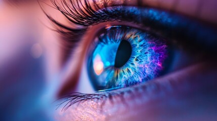 Extreme close-up of a human eye with colorful digital reflections