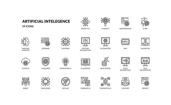 artificial intelligence future technology automation and generate any models outline line icon set