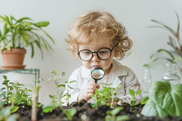 Curious toddler exploring science with magnifying glass and plants, dressed as a scientist in a playful lab setting
