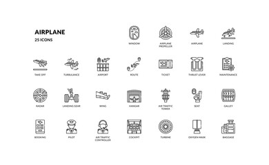 airplane aircraft plane airport transportation outline line icon set
