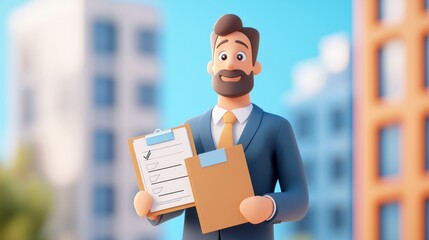 A cheerful businessman holds a clipboard, ready for work in an animated cityscape, symbolizing professionalism and success.