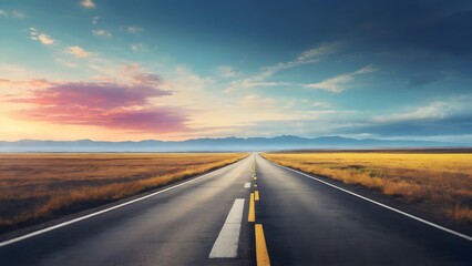 Open Road Stretching Into a Vibrant Sunset Near Rolling Hills With Mountains in the Distance