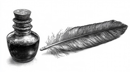 Black and white sketch of a vintage ink bottle and feather quill, with an old-fashioned writing...