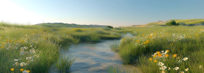 67. **A serene, sunlit meadow with wildflowers, tall grasses, and a gently flowing stream. The background includes a clear blue sky and distant hills.