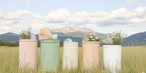 Obraz premium Colorful Recycling Bins in Scenic Mountain Meadow Promoting Eco-Friendly Travel