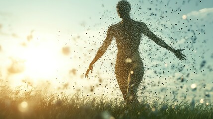 Naklejka premium Human body made from atoms and particles spread in the air, daylight background