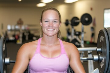 Fototapeta premium Confident Female Wheelchair Athlete Lifts Weights in Gym Setting
