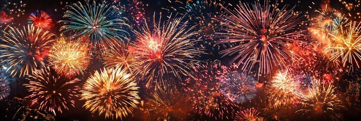 Fototapeta premium Fireworks exploding in the night sky, shining beautifully with vibrant colors.