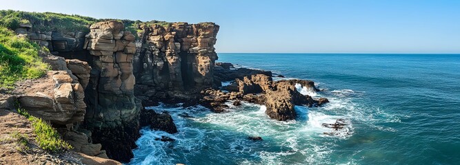 Naklejka premium 62. **A scenic coastal cliff with rugged rock formations, crashing waves, and a clear blue sky. The backdrop includes a wide, panoramic view of the ocean.