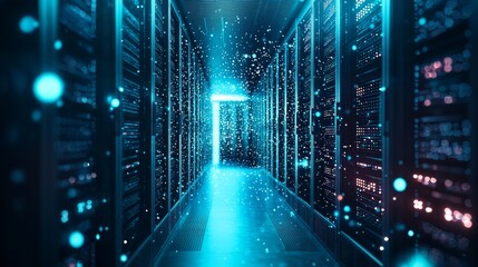 Data servers in a high-tech facility with glowing lights