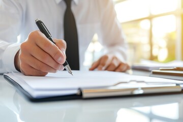  Professional businessman signing documents in office setting, focused on pen in hand. Business formal attire with blurred background.