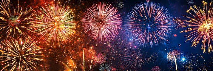 Fireworks exploding in the night sky, shining beautifully with vibrant colors.