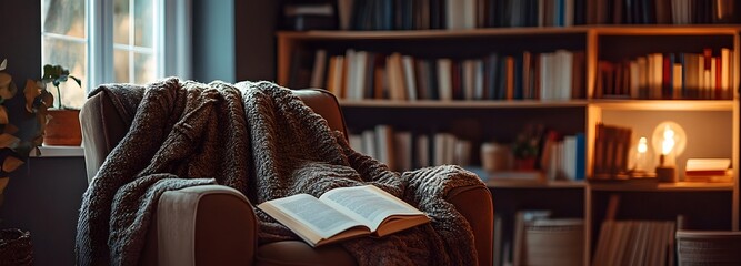 63. **A cozy reading nook with a comfortable armchair, a warm blanket, and shelves filled with books. The backdrop includes soft, ambient lighting and a peaceful atmosphere.