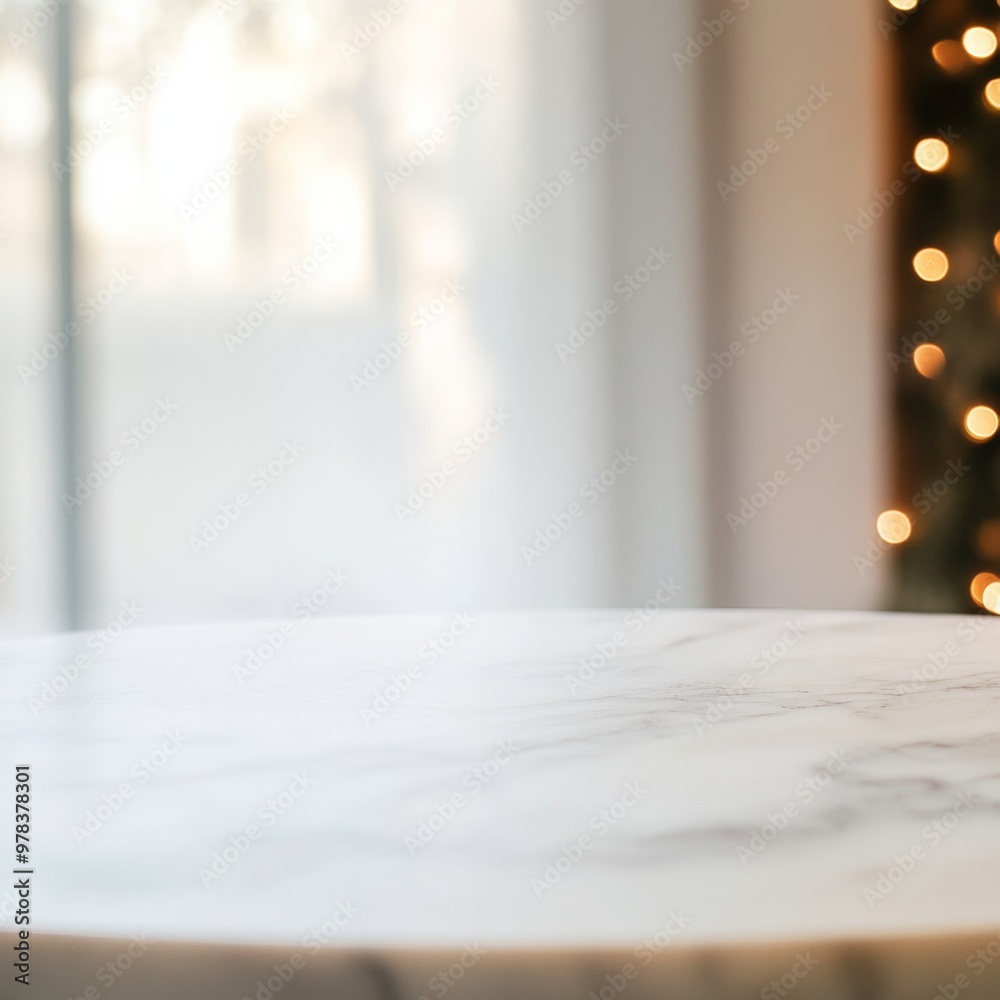 Poster minimal white marble table with festive bokeh lights in modern office setting - soft, elegant, luxur