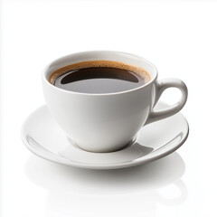 Fototapeta premium A cup of coffee on a white background with saucer and black coffee, emphasizing the aroma and warmth of a morning beverage