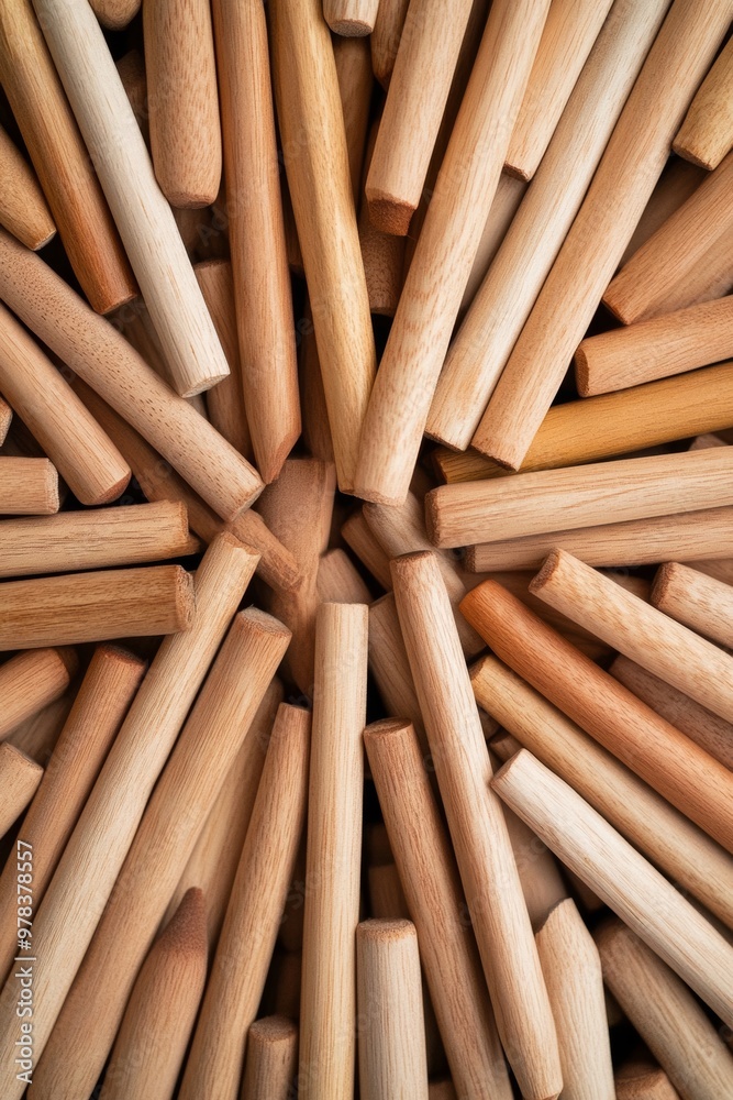 Poster aerial view of symmetrical pattern of wooden dowels - intricate geometric design with warm neutral t