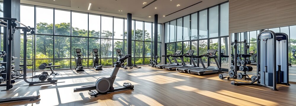 57. **A sleek, modern gym with state of the art equipment, mirrored walls, and large windows. The backdrop includes a bright, open space and a motivating atmosphere.